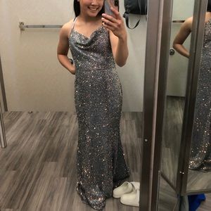 cowl neck sequin prom dress